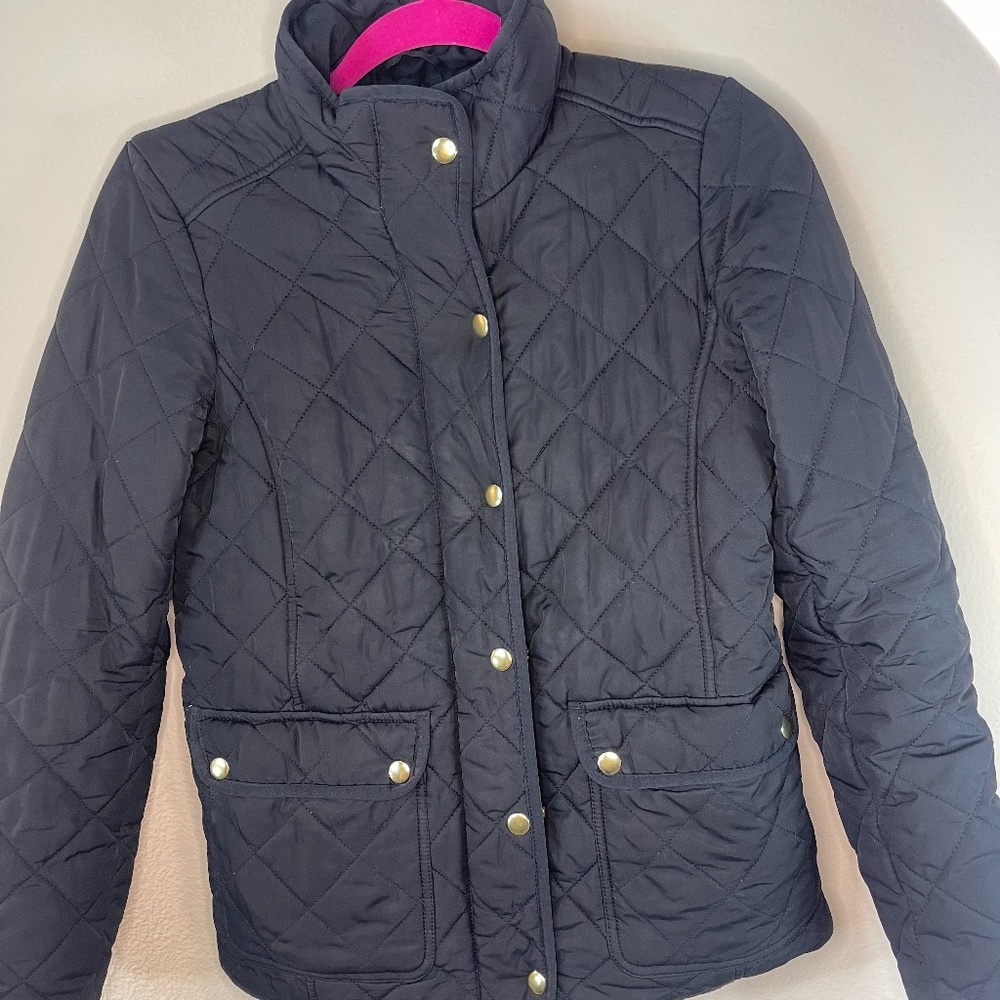 J. Crew Quilted Navy Jacket Size XS Zipper Button Up Gold Hardware